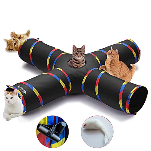 4 Way Cat Tunnels for Indoor Cats, Collapsible Tube 10 Inch Diameter & 47 Inch Longer Cat Tunnel Toy, Bell Ball for Pet Play Puppy Kitten Rabbit (Black)