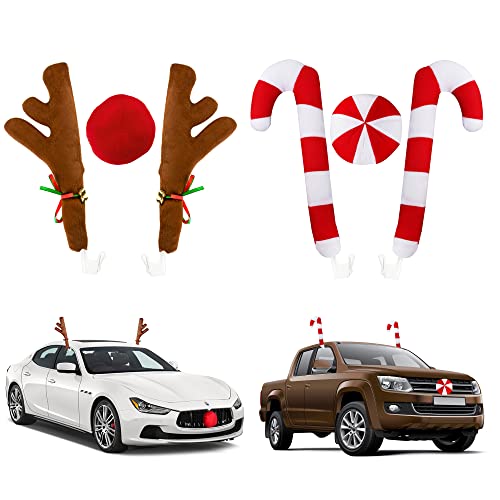 Reindeer Antlers for Cars, 2 Pair of Car Christmas Decorations Plush Bells Candy Cane Car Reindeer Antlers Nose, Rudolph Christmas Car Decorations Exterior Antlers Kit for SUV Van Truck Window Grille