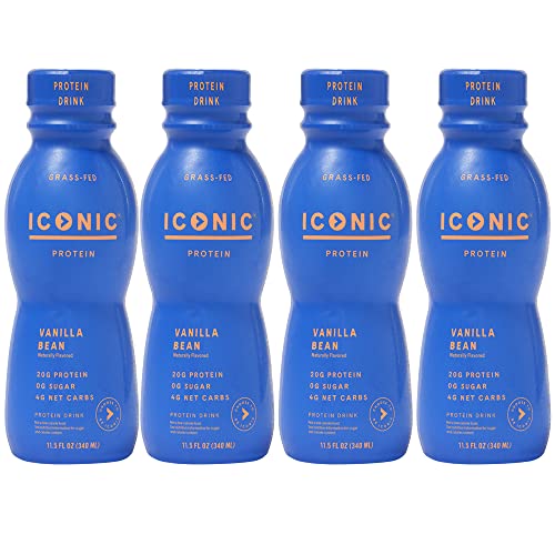 ICONIC Protein Drinks, Vanilla Bean (4 Pack) - Sugar Free & Low Carb - 20g Grass Fed Protein - Lactose Free, Gluten Free, Keto Protein Shakes