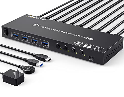 USB 3.0 KVM Switch HDMI 4 Port Support 4K@60Hz 2K@120Hz Simulation EDID,MLEEDA HDMI USB Switch for 4 Computers Share 1 Monitor and 4 USB 3.0 Port,with Desktop Controller and KVM Cables