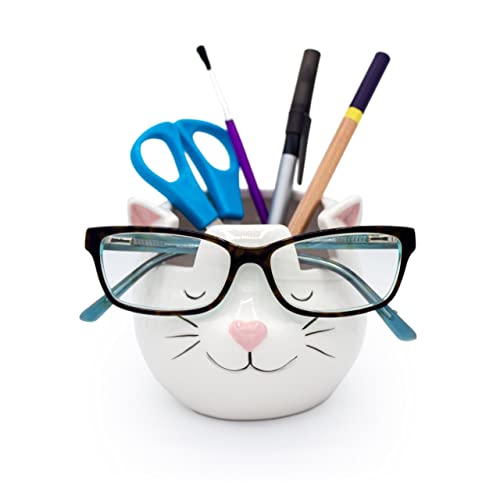 Luvberries Cat Glasses Holder Stand and Vase - White Cat Ceramic Sunglasses and Eyeglasses Stand Cat Lady Gift Display and Decor Organizer for Desk Accessories and Stationary Items