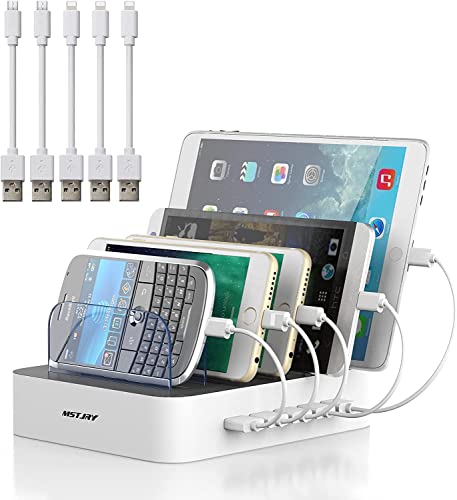 Charging Station for Multiple Devices, MSTJRY 5 Port Multi USB Charger Station with Power Switch Designed for iPhone iPad Cell Phone Tablets (White, 6 Mixed Short Cables Included)