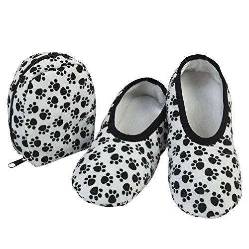 Snoozies Skinnies Slipper Socks & Travel Pouch  Non Slip Socks, Foldable Slippers for Women with Travel Pouch - Black Paw Prints - Medium