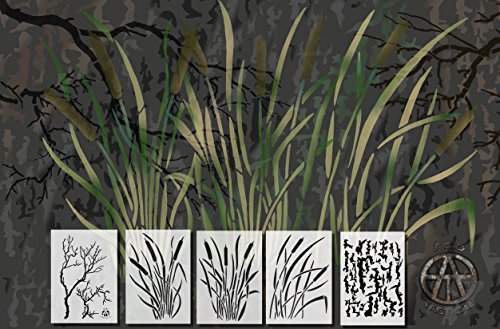 Acid Tactical 5 Pack - 14" Camouflage Airbrush Spray Paint Stencils - Duracoat Gun Duck Boat Camo - Cattails Bark & Gnarly Branch Set