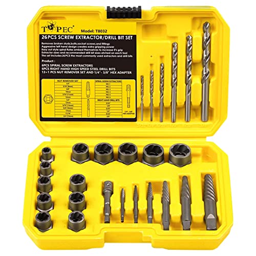 Topec 26 Piece Screw & Bolt Extractor and Cobalt Drill Bit Set, Lug Nut Remover Socket Stripped, Frozen, Rounded-Off Bolts, Nuts & Screws, Easy Out Tool with Hex Adapter