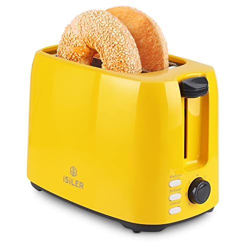 iSiLER 2 Slice Toaster, 1.3 Inches Wide Slot Bagel Toaster with 7 Shade Settings and Double Side Baking, Compact Bread Toaster with Removable Crumb Tray, Defrost Cancel Function Yellow