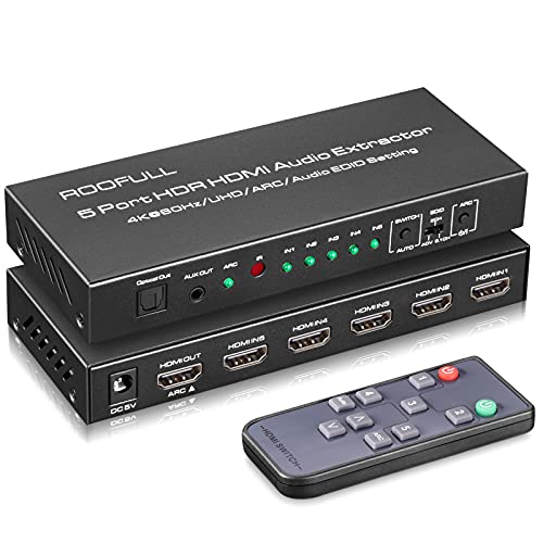 ROOFULL Premium 5 Port 4K HDMI Switch with Optical & 3.5mm AUX Audio Out, 5 in 1 Out 4K@60Hz HDMI 2.0 Audio Extractor with Remote, Support ARC, HDR 10, HDCP 2.2, 18Gbps, Dolby Vision/Atmos