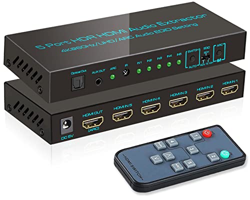 (Newest Version) SkycropHD 5 Port 4K HDMI Switch with Optical & 3.5mm AUX Audio Out, 5x1 HDMI Switcher Audio Extractor Splitter Support 4K@60Hz, 1080P@120Hz, ARC, HDCP 2.2, HDR10, Dolby Vision/Atoms