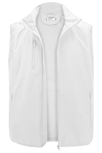 Men's Softshell Vest Fleece-Lined Windproof Sleeveless Jacket for Travel Hiking Fishing Running Golf (White, L)