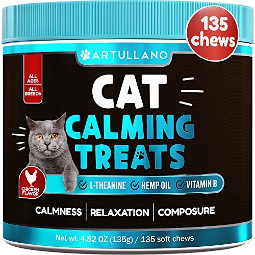 Hemp Cat Calming Treats - Cat Anxiety Relief - Storm Anxiety, omposure, Grooming, Separation, Travel - Calming Aid for Cats with Hemp Oil, L-Theanine - Cat Melatonin - Made in USA - 135 Soft Chews