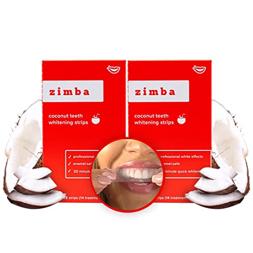 Zimba Teeth Whitening Strips for Teeth Sensitive White Strips for Teeth Whitening Hydrogen Peroxide Teeth Whitener Stain Remover 28 White Strips Included Per Pack, 2 Pack (14 Day Treatment), Coconut