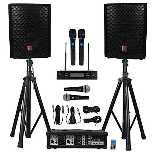 Rockville RPG2X10 Powered Bluetooth Mixer+(2) 10" Speakers+Stands+Wireless Mics