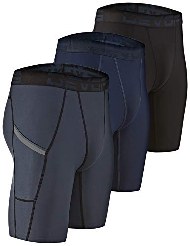 DEVOPS Men's Compression Shorts Underwear with Pocket (3 Pack) (X-Large, Black/Charcoal/Navy)