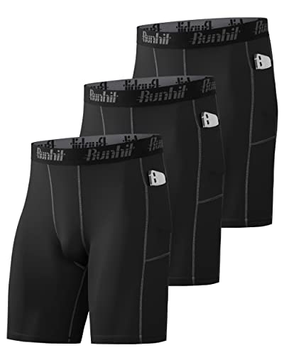 Runhit Men's Compression Shorts with Pockets(3 Pack),Tights Spandex Shorts Workout Underwear for Men Running Workout Athletic