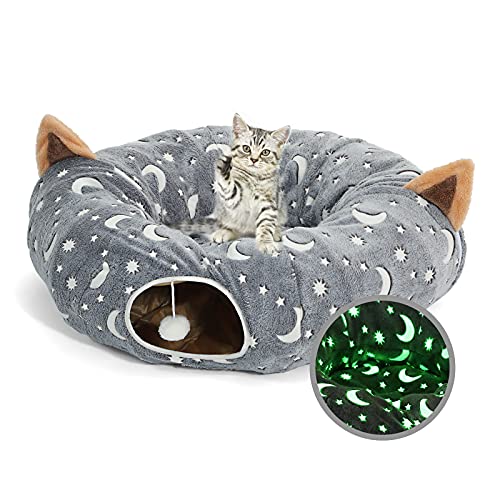 LUCKITTY Cat Tunnel Bed Tube with Cushion and Plush Ball Toy Playground Crinkle Collapsible Self-Luminous Flannel Fabric 3FT for Large Cats Kittens Kitty Small Animals Puppy Grey Moon Star