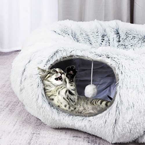 GUULUU Cat Tunnel Bed - Fluffy Cat Bed Cave with Collapsible Donut Tunnel and Washable Mat; Multifunctional Cat Toys with Hanging Balls and Peepholes for Indoor Small Medium Large Cats