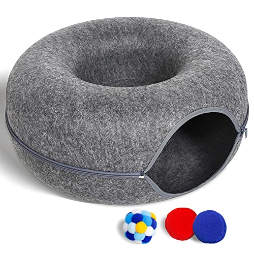 Large Cat Tunnel Bed for Indoor Cats with 3 Toys, Scratch Resistant Donut Cat Bed, for Cats up to 15 Lbs (L(24x24x11), Dark Grey)