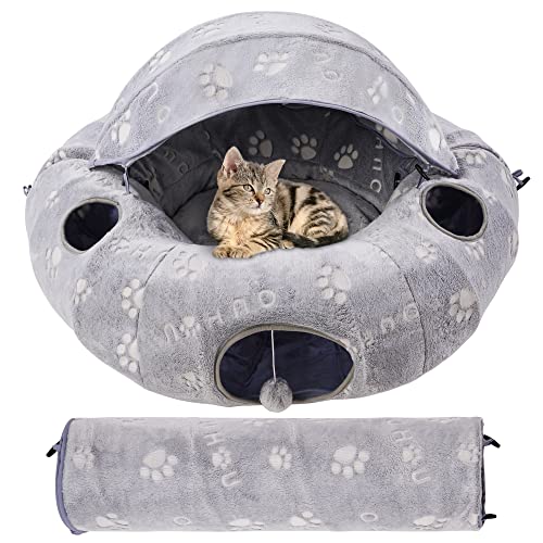 OUHOU Self-Luminous Cat Tunnel Bed for Indoor Cats Four Seasons Available, Plush Nest with Awning, 3 Hanging Balls and Peephole, Interactive Toys for Kitten, Bunny, Puppy, and Small Dogs.