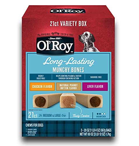 Ol' Roy Munchy Bones Dog Treats Variety Box, Chicken, Peanut Butter, Liver, 21 ct