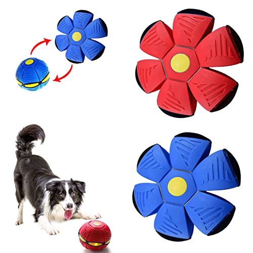 KingOnline Pet Toy Flying Saucer Ball for Dogs 2 PCS, UFO Magic Ball Dog Toys with Lights, Fun Puppy Interactive Toy Light Up Flying Saucer Balls (6 Lights, Red/Blue)