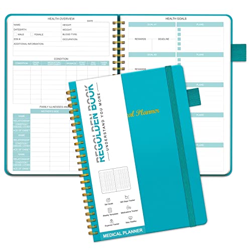 Regolden-Book Daily Medical Planner Notebook Hardcover Fitness Health Magazine Records and Diets, Conditions, Medication Tracking Organizer Self-Care Undated, 12 Month Health Diary Leather Finished Coil, 5.7x 8.5(Teal)