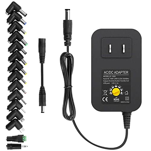 Arkare 30W Universal AC to DC Power Adapter Adjustable Power Supply 3V 4.5V 6V 9V 12V 2A 1A DC Adapter AC 100-240V to DC 3-12V Multi Voltage Switching Power Adapter with 15 Tips + Polarity Converter