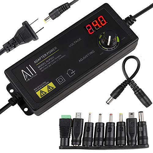 Universal 3V - 24V 1.5A 36W Adjustable DC Power Supply Adapter Speed Control Volt Display with Variable 8 Plugs and 1 Polarity Reverse Cable Cord