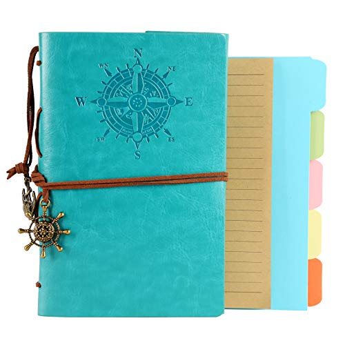ORENDEBON Leather Travel Journal, Refillable Notebook Vintage Spiral Bound Notepad Diary to Write in for Men with Lined Pages 3 Pockets and 5 Dividers A6-(5 x7.3, Lake Blue)