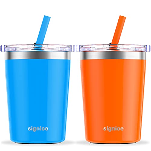 Signice Kids Cups with Straw Lid Upgraded Leak Proof 8.5 Oz Toddler Smoothie Cup Vacuum Insulated Stainless Steel Toddlers Cups Baby Child Tumbler,BPA Free,2 Pack (Blue & Orange)