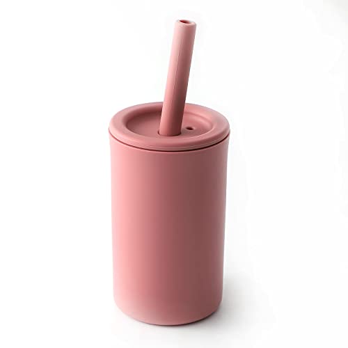 Toddler Straw Cup, Food Grade Silicone Training Cup for Baby, Come with Straw Brush, BPA Free, 7 oz (Power Rose)