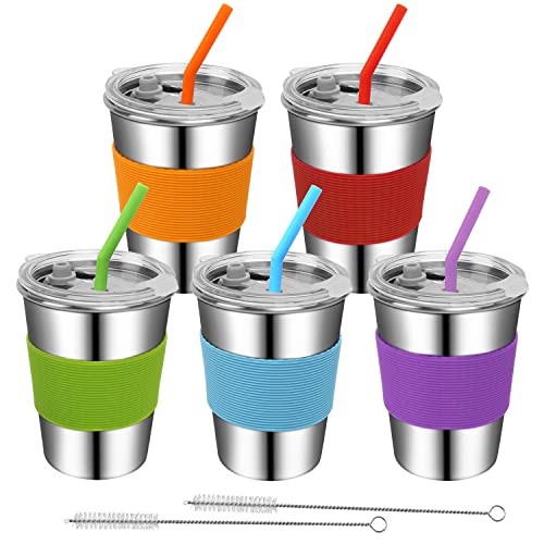 Rommeka Toddler Cups with Straws, 18/8 Stainless Steel Children Smoothie Drinking Sippy Cups, Stacking & Reusable Kids Cups with Straws and Lids, 5 Pack, 12oz