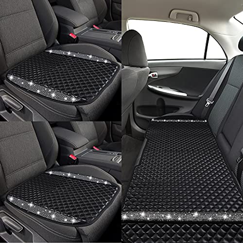 2 Pieces Bling Leather Car Front Seat Cover Auto Rhinestone Seat Cover Breathable Mesh Seat Cover and Crystal Back Seat Cushion Car Seat Protector Pad Mat for Women Auto Cars SUV Interior Accessories