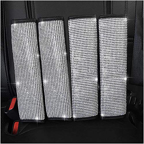 U&M 4 Packs Bling Bling Seat Belt Shoulder Pads, Luster Crystal Car Seatbelt Covers Diamond Car Decor Accessories for Women (Silver) (Black)