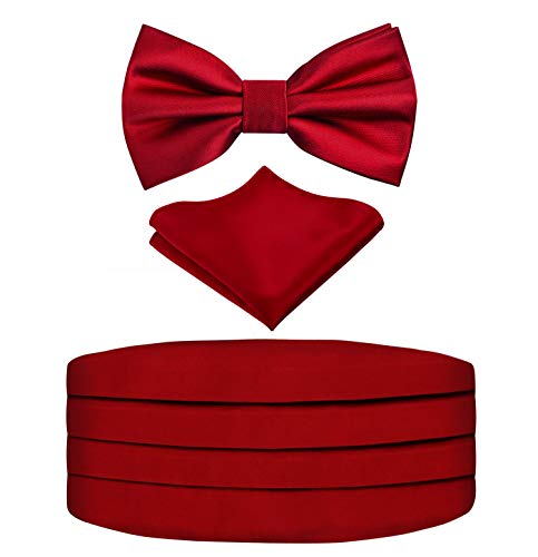 Alizeal Mens Prom Bow Tie, Handkerchief and Cummerbund Set (Solid Wine Red)