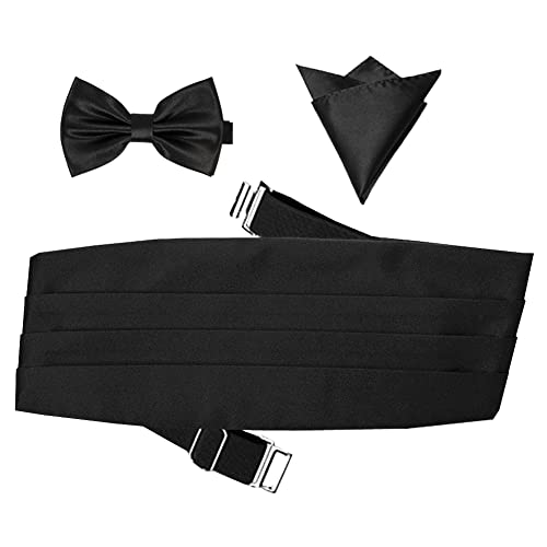 Men's Satin Cummerbund Pretied Bow Tie Breast Pocket Handkerchief Set for Special Occassions