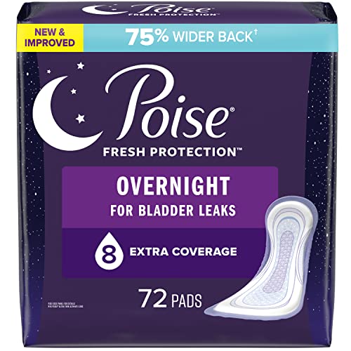 Poise Incontinence Pads & Postpartum Incontinence Pads, 8 Drop Overnight Absorbency, Extra-Coverage Length, 72 Count, Packaging May Vary