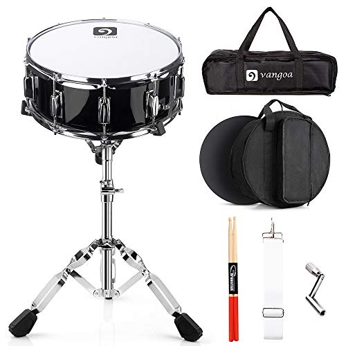 Vangoa Snare Drum Set for Kids Students Beginners Kit, 14 Inch, 10 Lugs, Wooden Shell with Case, Gig Bag, Practice Pad, Drum Stand, Sticks, Tuning Key, Strap, Mute Pad, Black