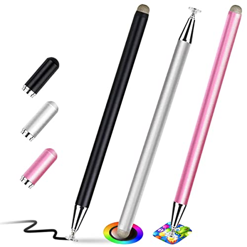 Stylus Pen for Touch Screen (3 Pack Two Way High Sensitivity) Universal Capacitive Pen for iPad iPhone Android Samsung Phone Microsoft Tablet Fine Point Disc Stylist Pencil Magnetic Cap Fiber Tips