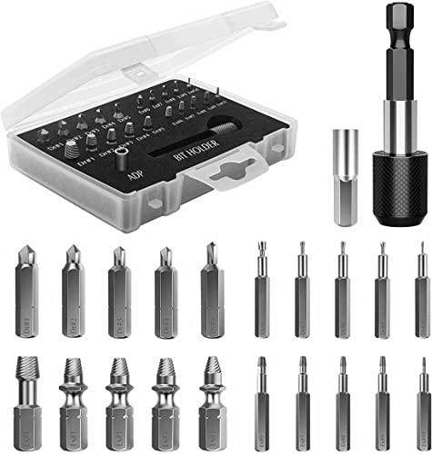 Arkdeffon Damaged Screw Extractor Kit,Stripped Screw Extractor set,22 PCS HSS 4341 Tool Set Broken Bolt Remover with Magnetic Extension Bit Holder & Socket Adapter