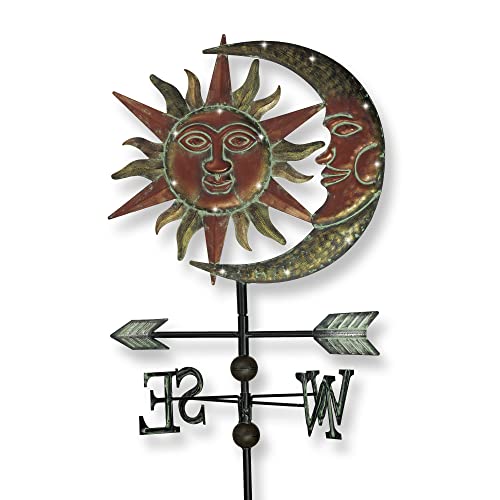 TERESA'S COLLECTIONS 39.9 Inch Sun & Moon Metal Solar Garden Lights, Vivid Sun Moon Face Weathervane Garden Decor for Outside, Summer Outdoor Decorative Stake Lawn Ornaments Yard Art Patio Decorations