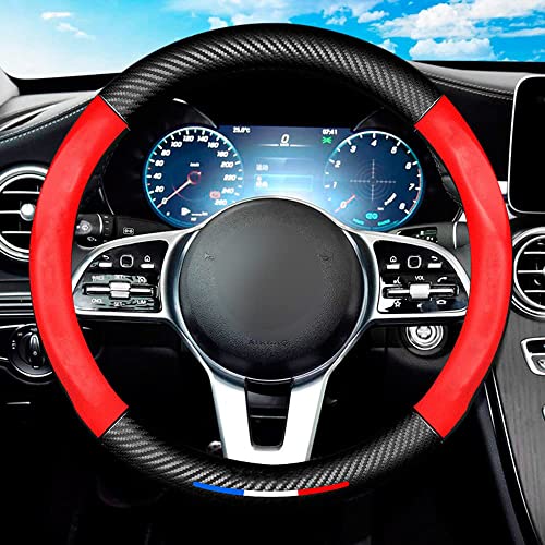 Blazeray Leather Car Steering Wheel Cover, Carbon Fiber Texture Sport Style Steering Wheel Cover Fit for Mercedes-Benz Models, Breathable Anti-Slip Design, Auto Interior Accessories (Red)