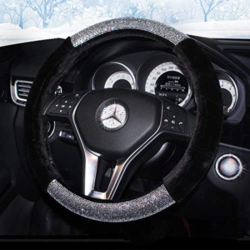 KAFEEK Diamond Short Fluffy Microfiber Plush Steering Wheel Cover with Bling Bling Crystal Rhinestones for Winter Warm, Universal 15 inch Anti-Slip