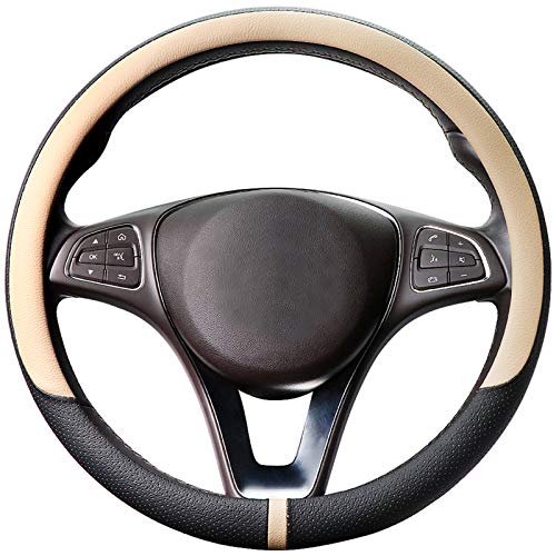 COFIT Breathable Steering Wheel Cover Microfiber Leather with Center Mark Design Universal Medium Size 14 1/2-15 Inch Beige and Black