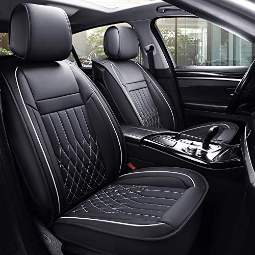 Aierxuan 5pcs Car Seat Covers Full Set with Waterproof Leather,Airbag Compatible Automotive Vehicle Cushion Cover Universal fit for Most Cars (Black and White)