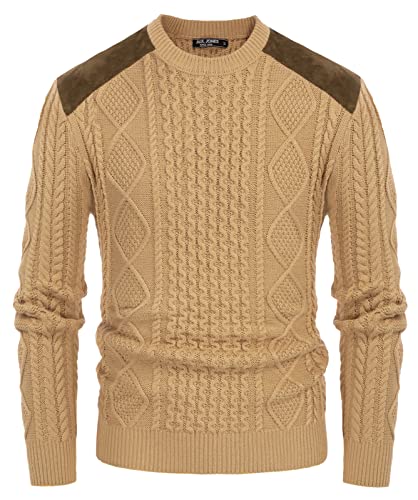 Mens Casual Chunky Warm Uniform Sweater Scoop Neck Commando Sweater Military Pullover Sweaters for Winter Fall Camel S