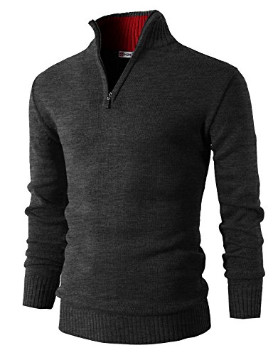 H2H Mens Casual Basic Pullover Sweater of Neck Zipper Charcoal US XL/Asia 2XL (KMOSWL021)