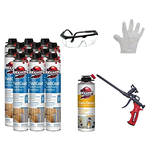 Kraken Bond Fastcoat Spray Foam Insulation Kit- Insulation Foam Spray, Polyurethane Spray Foam, Heat Insulation&Acoustic Spray, Self Expanding Foam, Foam Insulation Can, Gun/Cleaner Included | 12 Pack