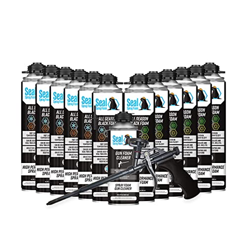 Seal Spray All Season Black Gun Foam - 12/23.3 OZ Cans (1 Case) w/15" Gun Foam Applicator and 1 Can of Cleaner