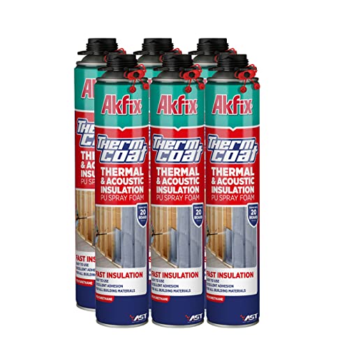 Akfix Thermcoat Spray Foam Insulation - Insulation Foam Spray, Polyurethane Spray Foam, Heat Insulation Spray, Acoustic Spray, Self Expanding Foam, Foam Insulation Can, Gun/Cleaner NOT INCLUDED 6 Pack