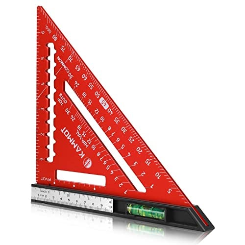 KAMMQI Carpenter Square Woodworking Square with Level 7 Inch Rafter Square, Aluminum Triangle Square, Square Carpenter Tool Adjustable Square Metal Triangle Ruler (Red 7in)
